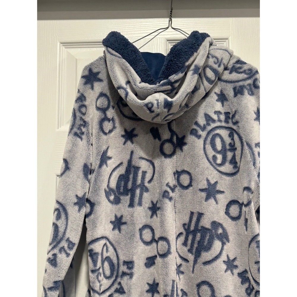 Harry Potter Hogwarts Fleece Union Suit Pajamas Blue Grey Medium One Piece Zip - Picture 5 of 5
